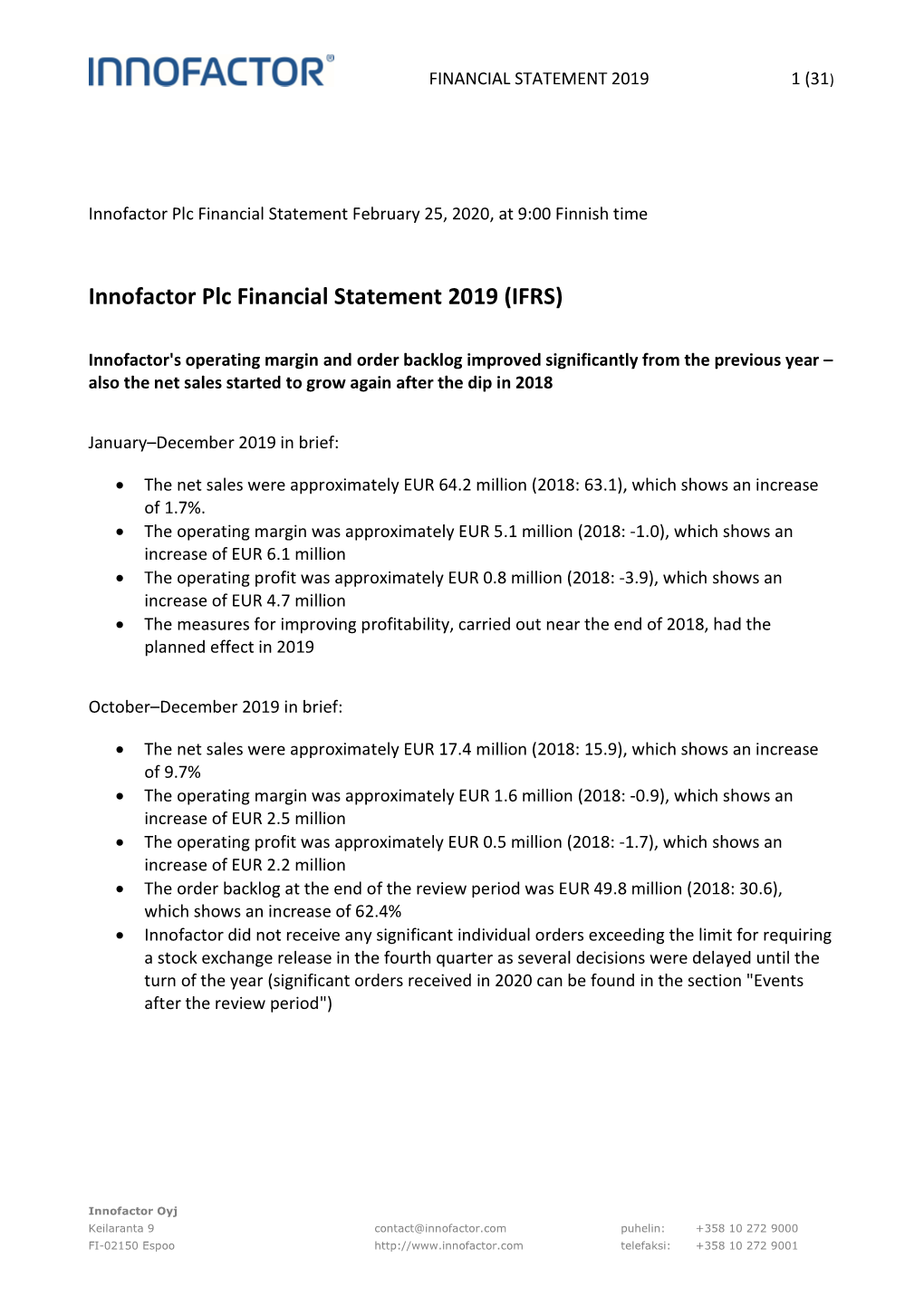 Innofactor Plc Financial Statement 2019 (IFRS)