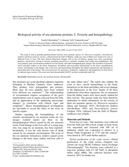 Biological Activity of Sea Anemone Proteins: I. Toxicity and Histopathology