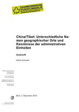 China/Tibet: Unterschiedliche Na- Men Geographischer Orte Und Kenntnisse Der Administrativen Einheiten
