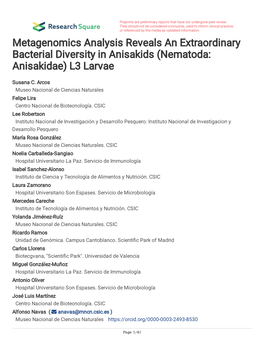 Metagenomics Analysis Reveals an Extraordinary Bacterial Diversity in Anisakids (Nematoda: Anisakidae) L3 Larvae