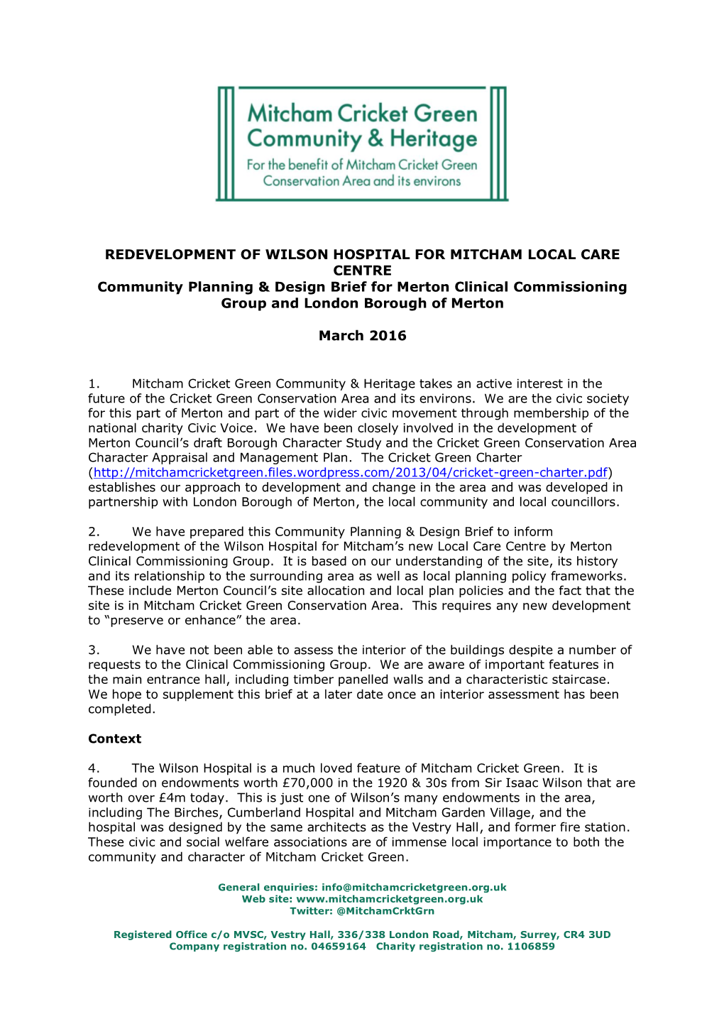 REDEVELOPMENT of WILSON HOSPITAL for MITCHAM LOCAL CARE CENTRE Community Planning & Design Brief for Merton Clinical Commissioning Group and London Borough of Merton