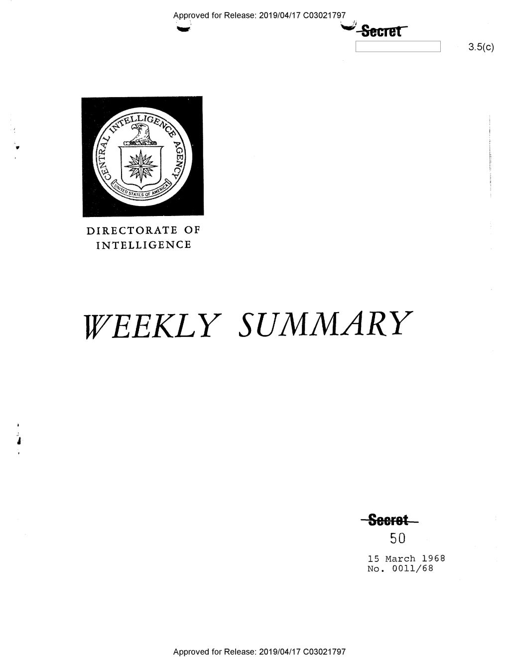 Weekly Summary, No. 0011/68, 15 March 1968