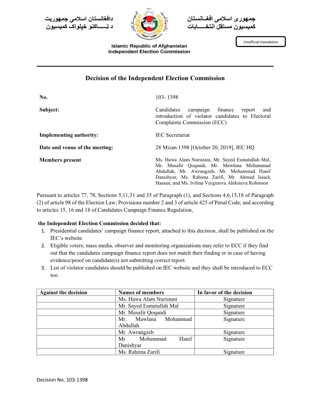 Decision of the Independent Election Commission