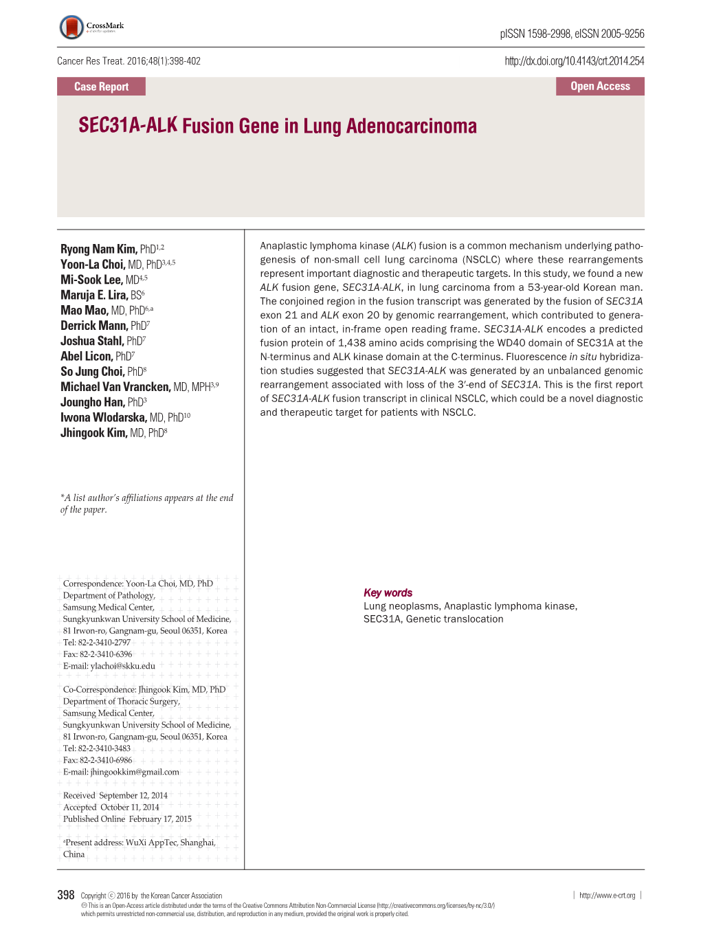 SEC31A-ALK Fusion Gene in Lung Adenocarcinoma