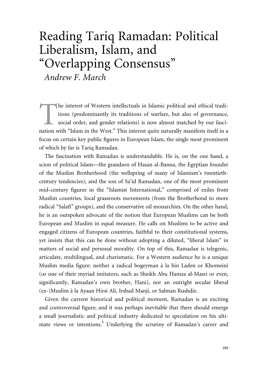 Reading Tariq Ramadan: Political Liberalism, Islam, and ‘‘Overlapping Consensus’’ Andrew F