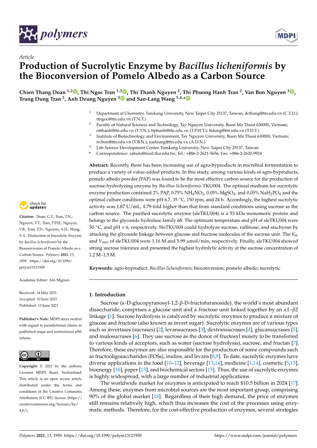 Production of Sucrolytic Enzyme by Bacillus Licheniformis by the Bioconversion of Pomelo Albedo As a Carbon Source