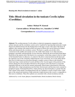 Blood Circulation in the Tunicate Corella Inflata (Corellidae)