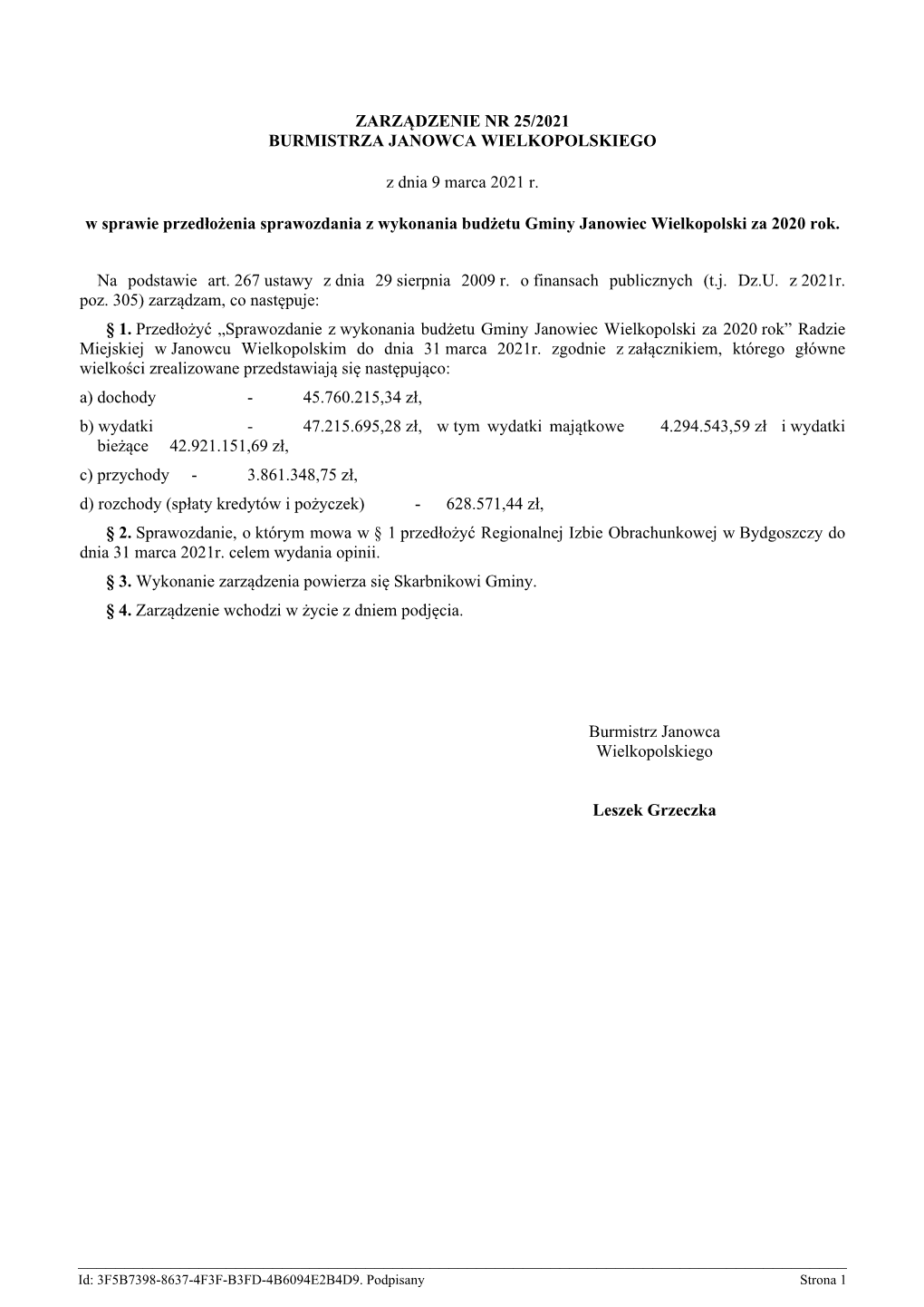 Sprawozdanie Z Wykonania Budżetu Gminy Janowiec Wielkopolski Za 2020 Rok” Radzie Miejskiej W Janowcu Wielkopolskim Do Dnia 31 Marca 2021R