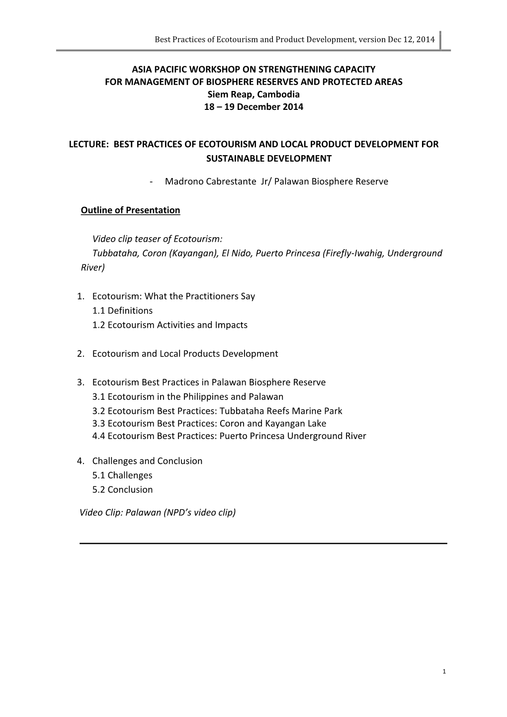 Best Practices of Ecotourism and Product Development, Version Dec 12, 2014