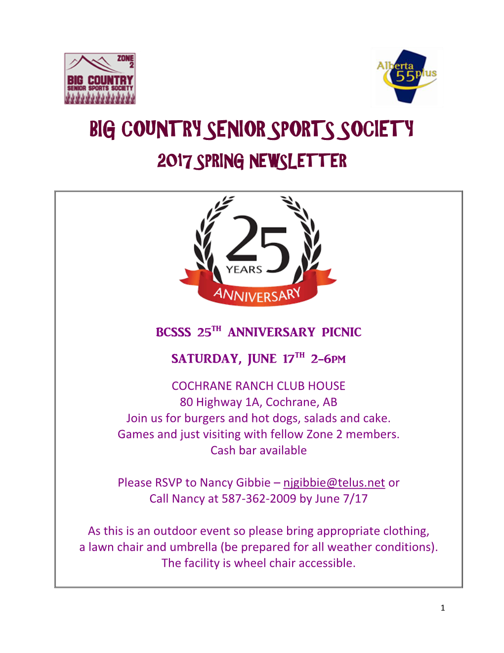 Big Country Senior Sports Society 2017 Spring Newsletter