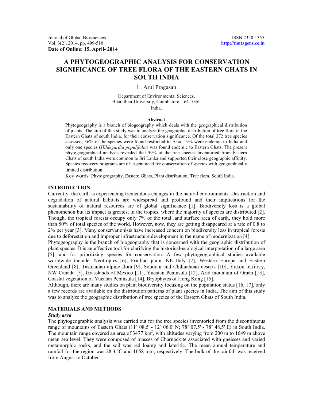 A Phytogeographic Analysis for Conservation Significance of Tree Flora of the Eastern Ghats in South India L