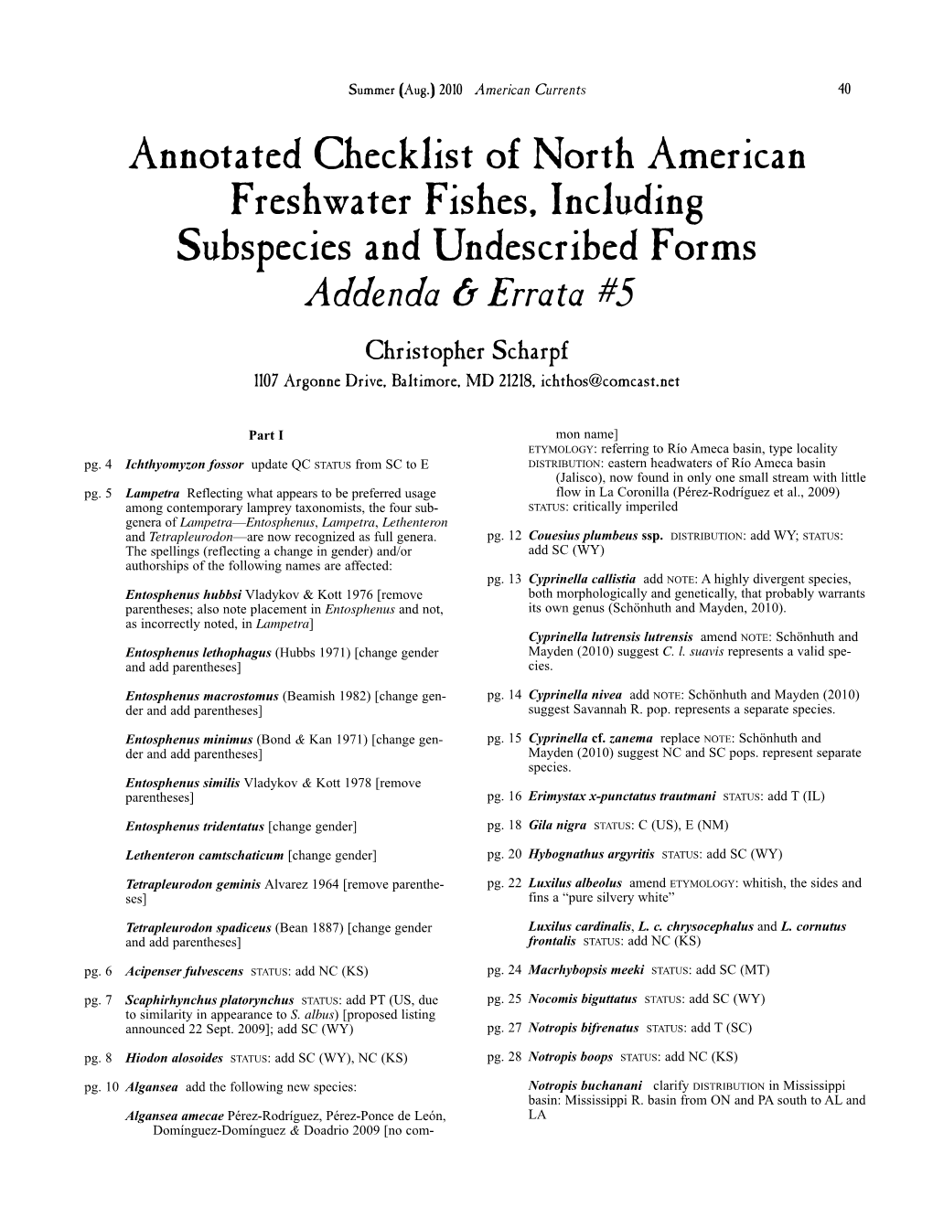 Annotated Checklist of North American Freshwater Fishes, Including Subspecies and Undescribed Forms