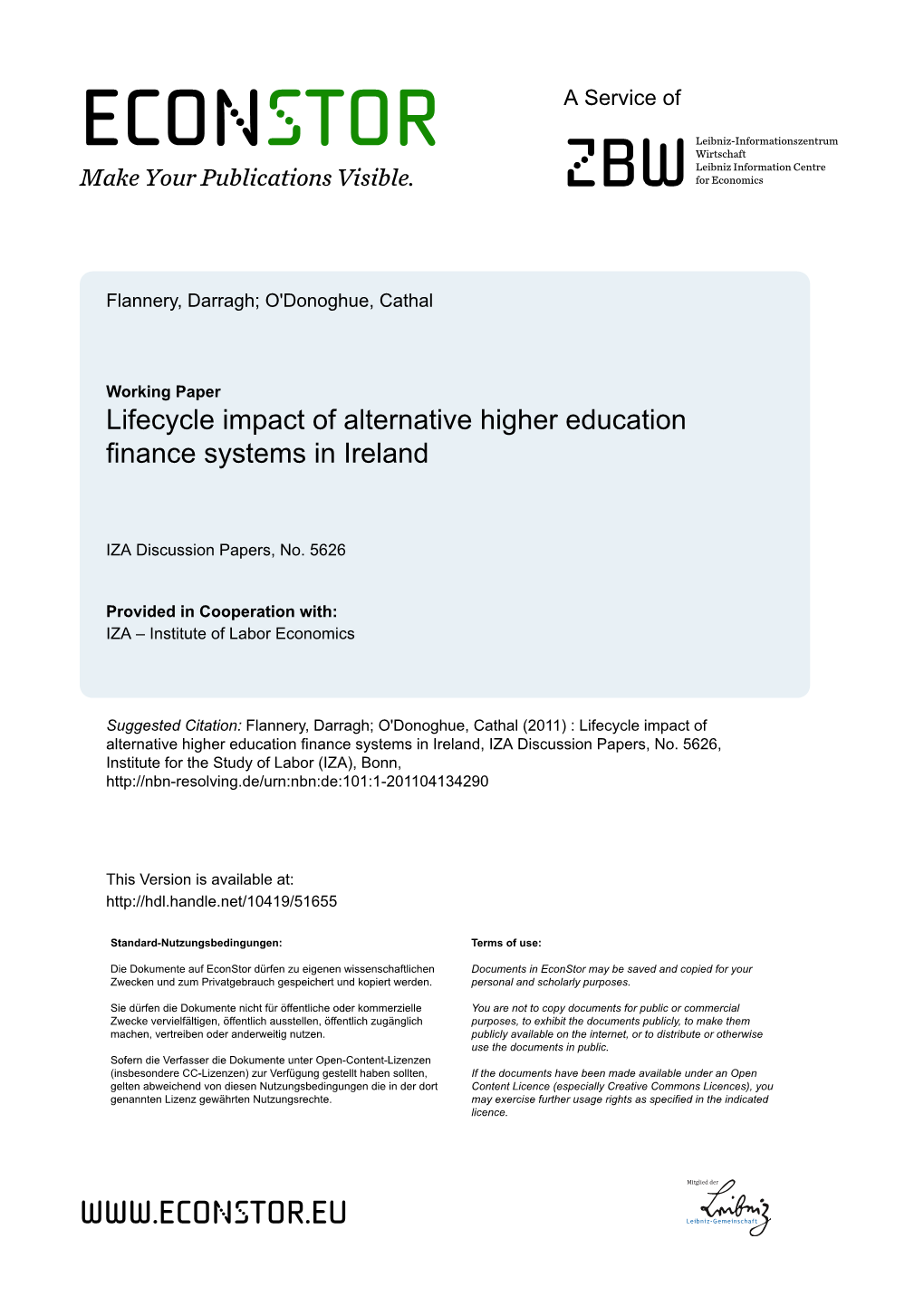 Lifecycle Impact of Alternative Higher Education Finance Systems in Ireland