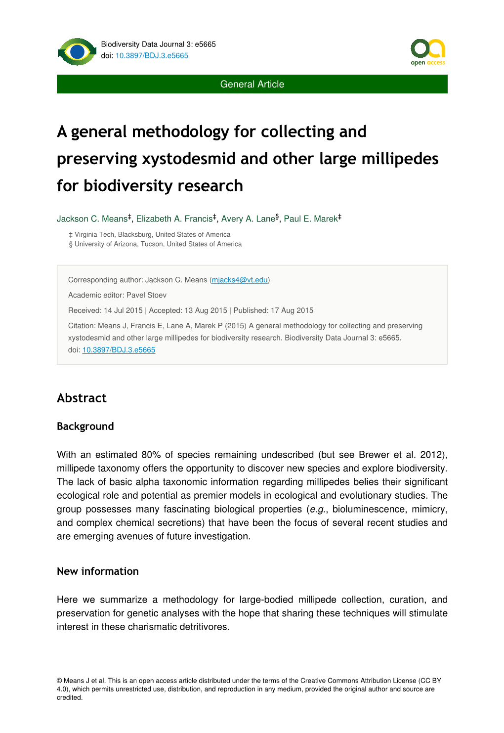 A General Methodology for Collecting and Preserving Xystodesmid and Other Large Millipedes for Biodiversity Research