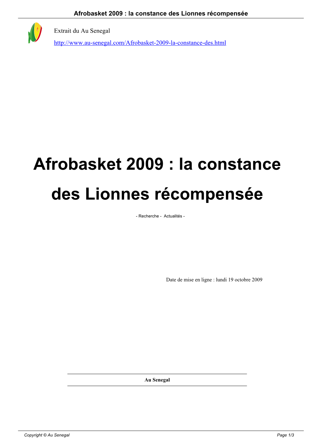 Afrobasket 2009 : La Constance Des Lionnes Récompensée