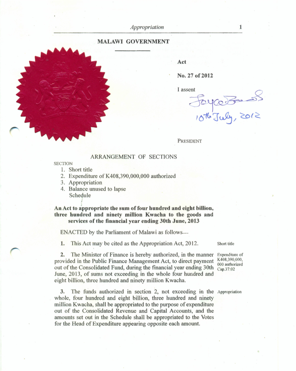 Appropriation MALAWI GOVERNMENT Act No. 27 of 2012