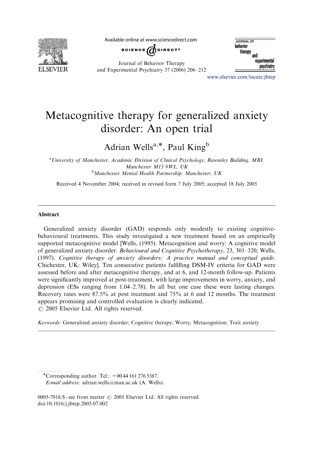 Metacognitive Therapy for Generalized Anxiety Disorder: an Open Trial
