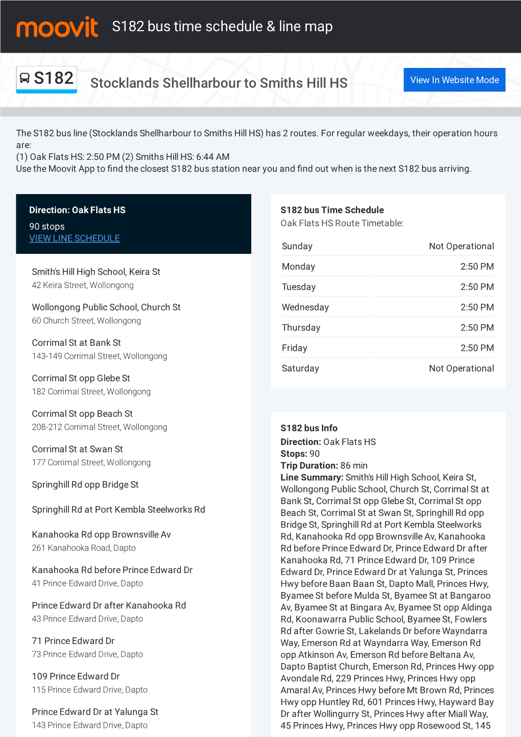 S182 Bus Time Schedule & Line Route
