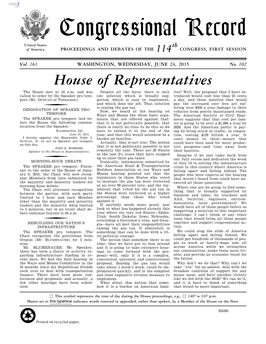 Congressional Record United States Th of America PROCEEDINGS and DEBATES of the 114 CONGRESS, FIRST SESSION