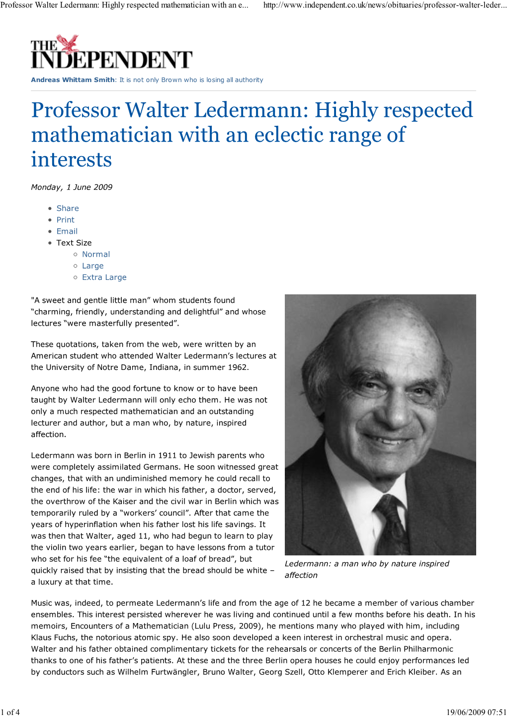 Professor Walter Ledermann: Highly Respected Mathematician with an E