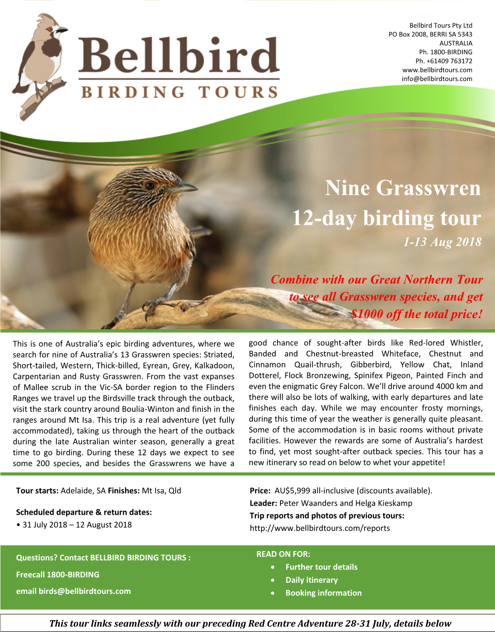 Nine Grasswren 12-Day Birding Tour 1-13 Aug 2018