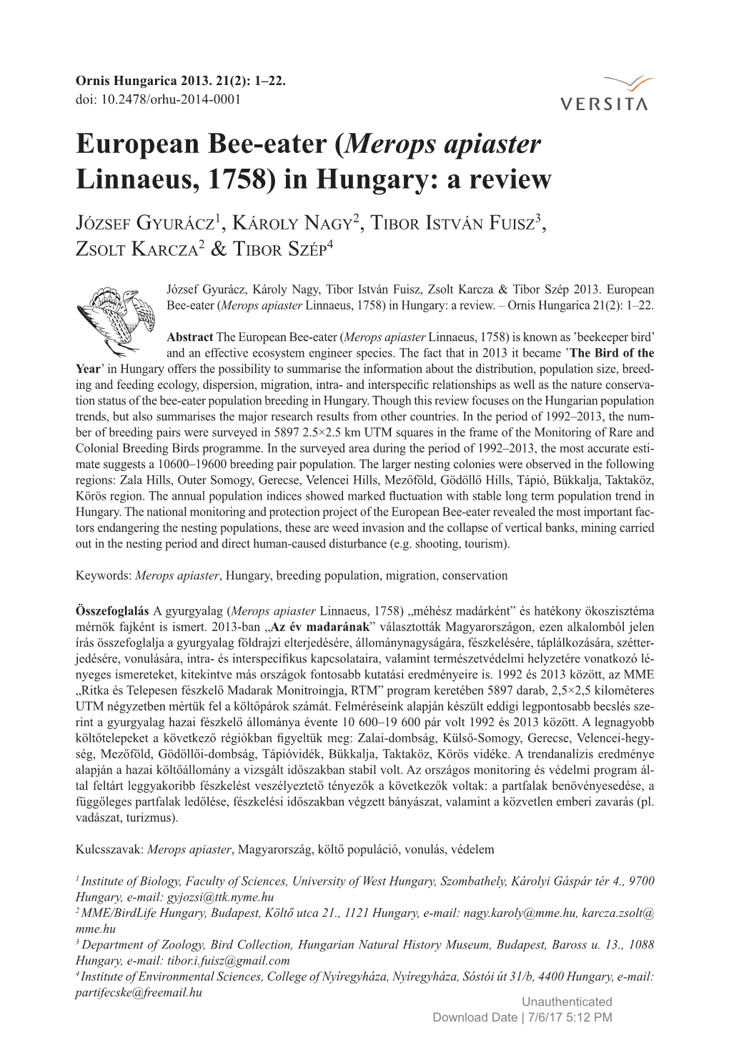 European Bee-Eater (Merops Apiaster Linnaeus, 1758) in Hungary: a Review