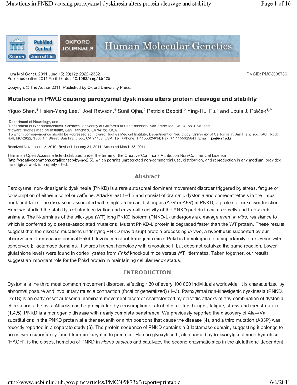 Mutations in PNKD Causing Paroxysmal Dyskinesia Alters Protein Cleavage and Stability Page 1 of 16