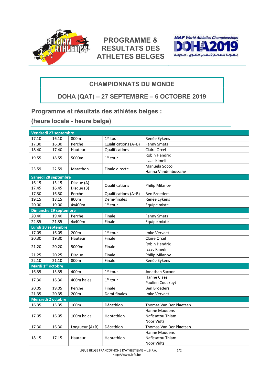 Programme & Resultats Des Athletes Belges