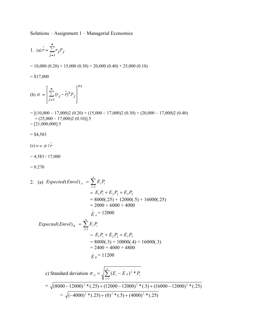 Solutions Assignment 1 Managerial Economics