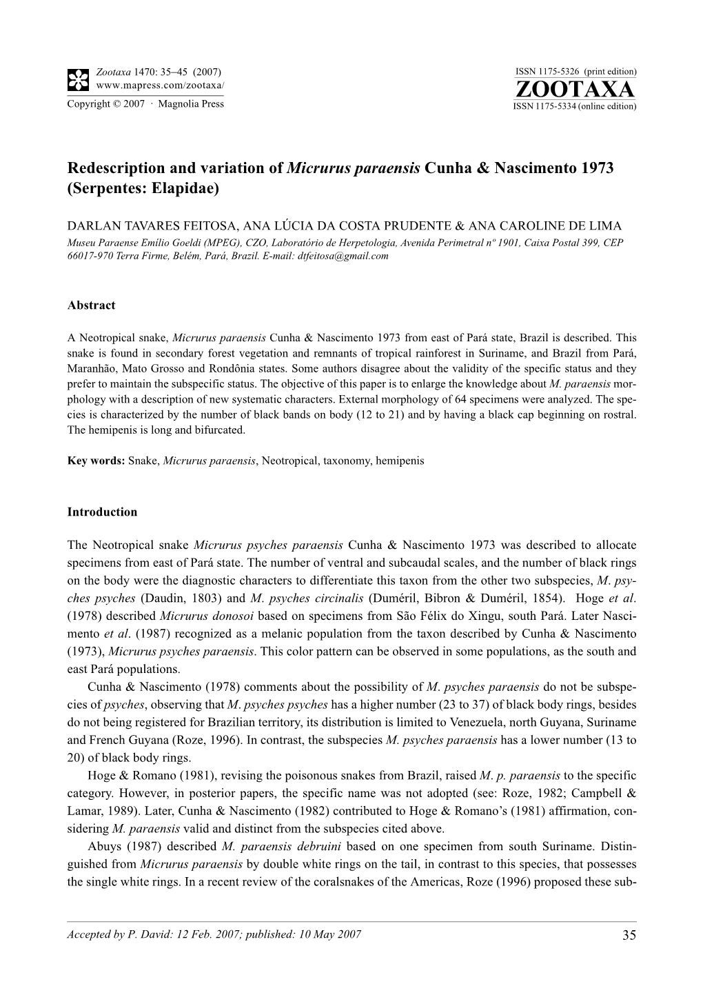 Zootaxa,Redescription and Variation of Micrurus Paraensis Cunha & Nascimento 1973