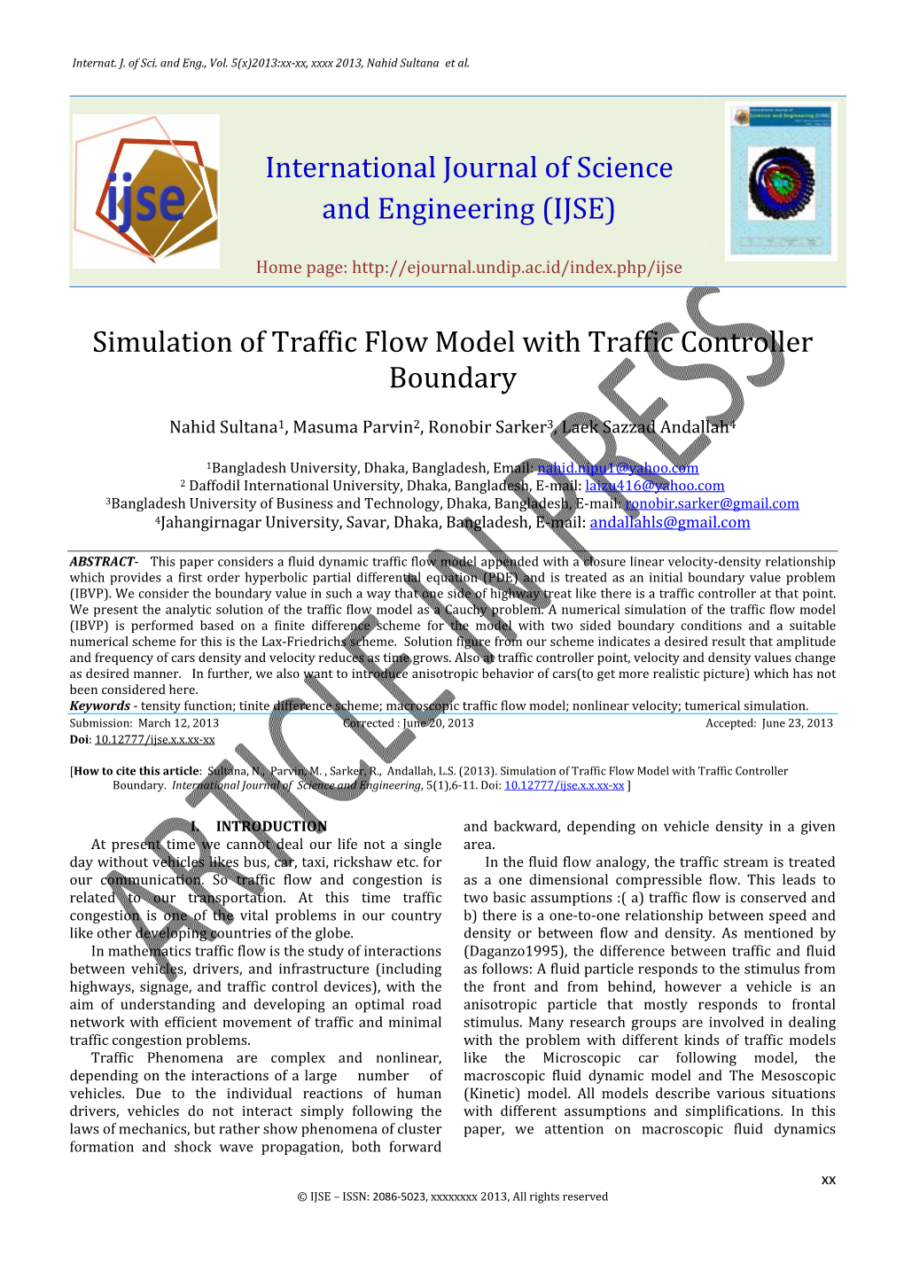 (IJSE) Simulation of Traffic Flow Model with Traffic Controller Boundary