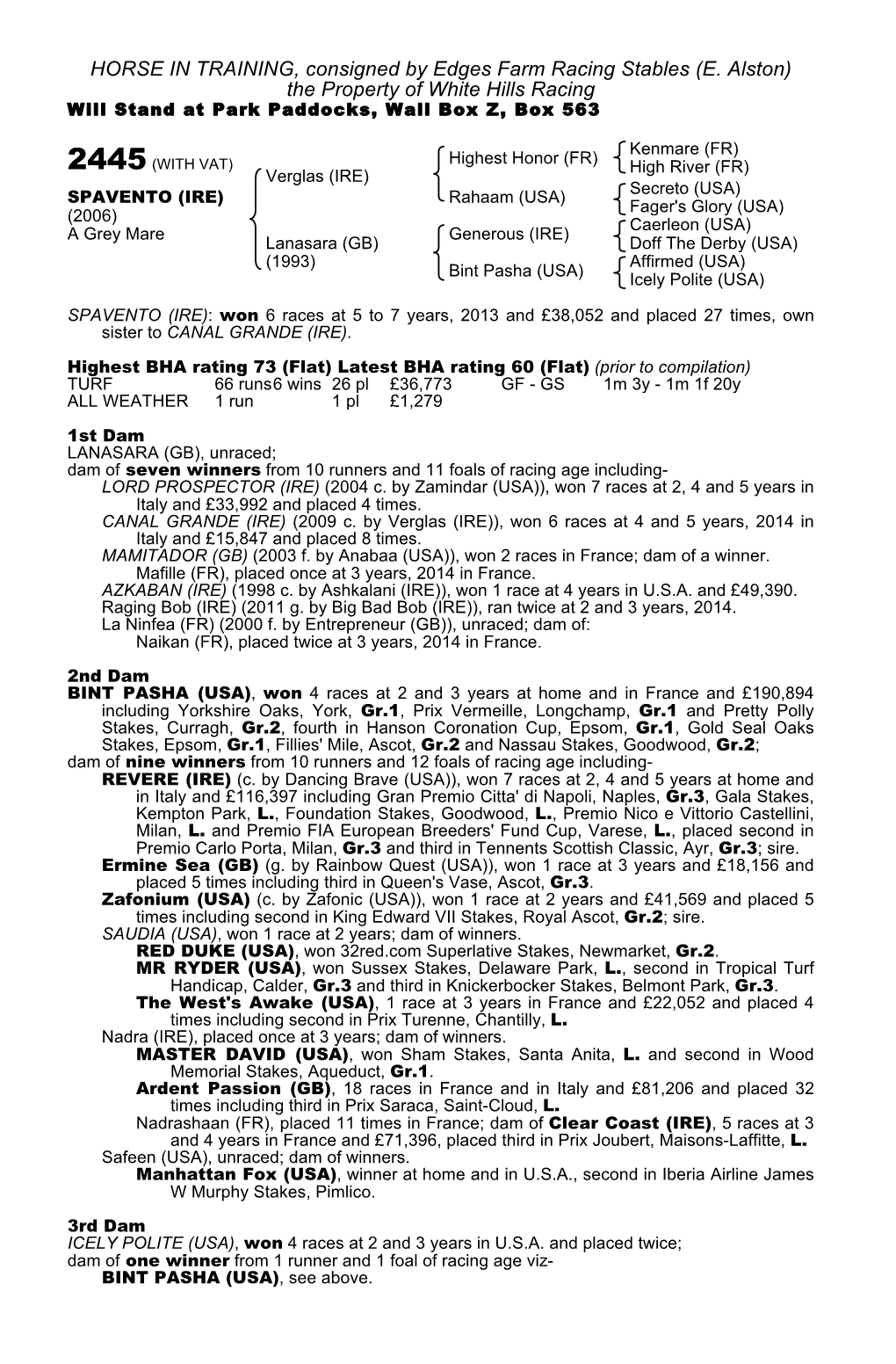 (E. Alston) the Property of White Hills Racing Will Stand at Park Paddocks, Wall Box Z, Box 563