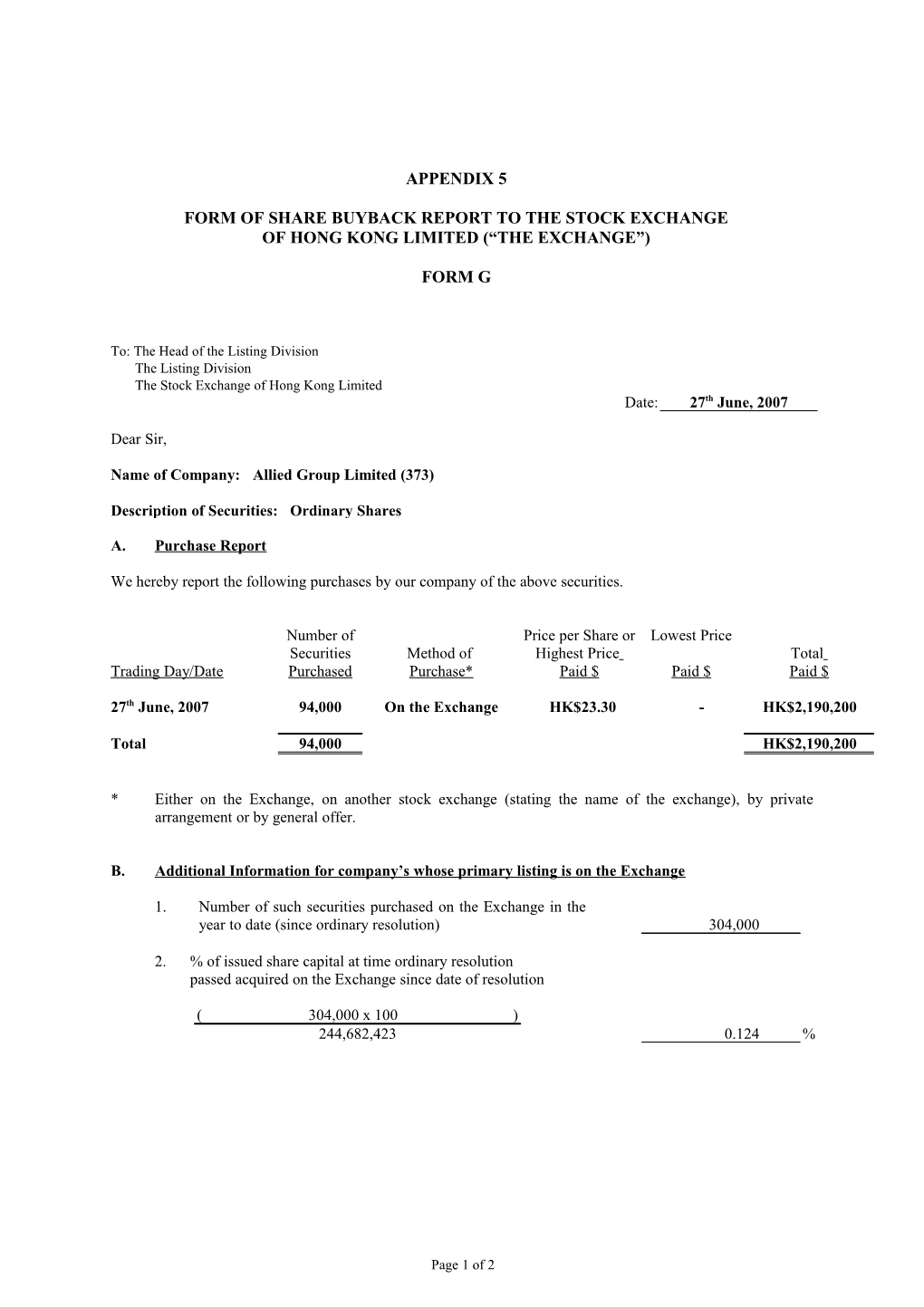 Appendix 5 FORM of SHARE BUYBACK REPORT to the STOCK EXCHANGE FORM G