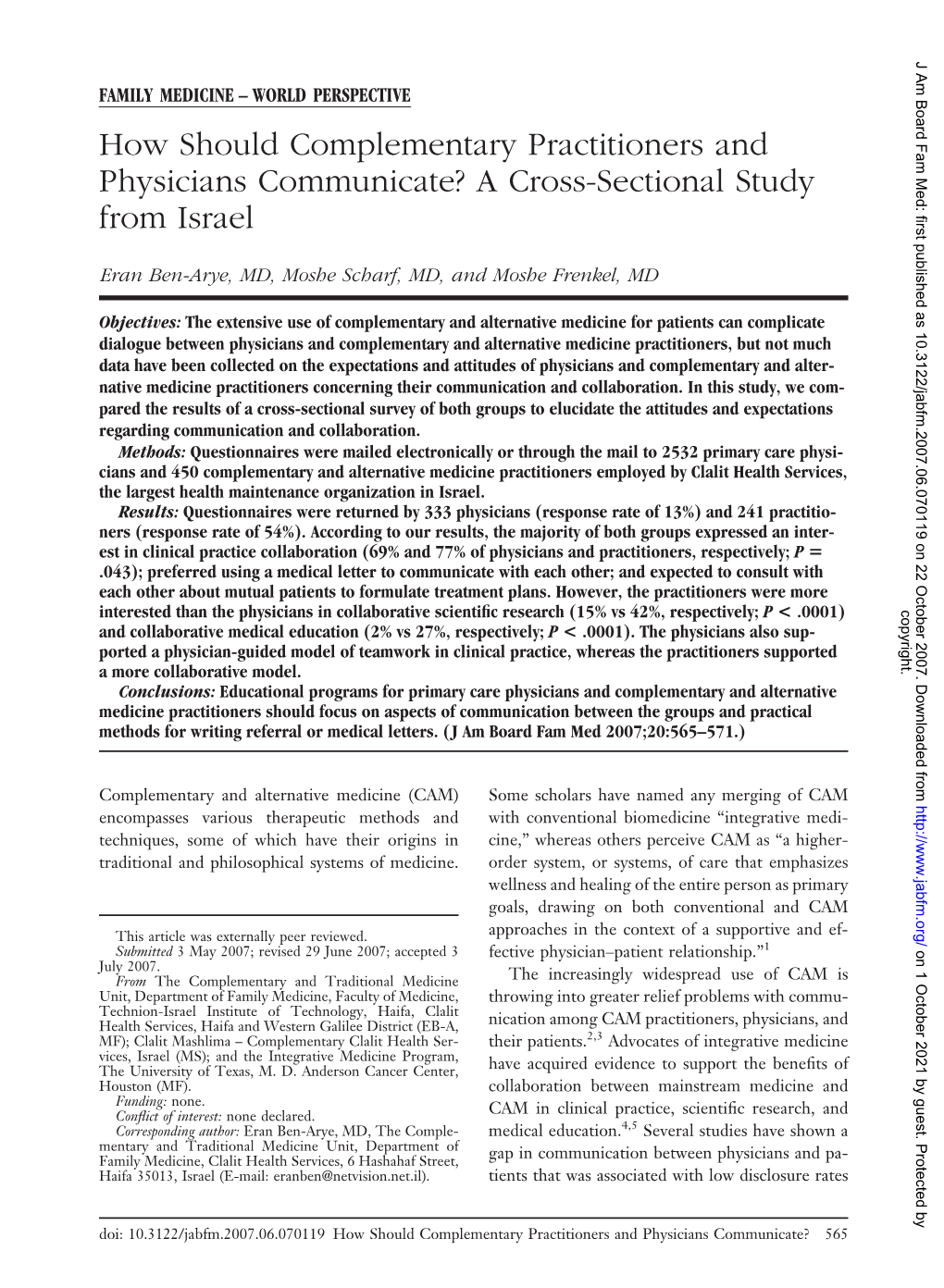 How Should Complementary Practitioners and Physicians Communicate? a Cross-Sectional Study from Israel