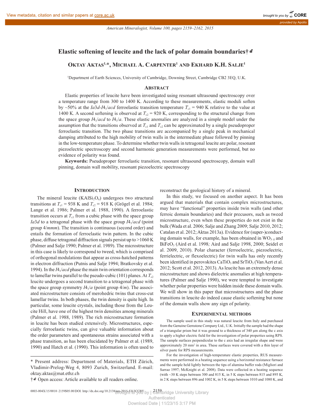 Elastic Softening of Leucite and the Lack of Polar Domain Boundaries†K