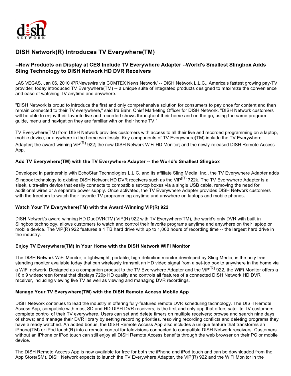DISH Network(R) Introduces TV Everywhere(TM)