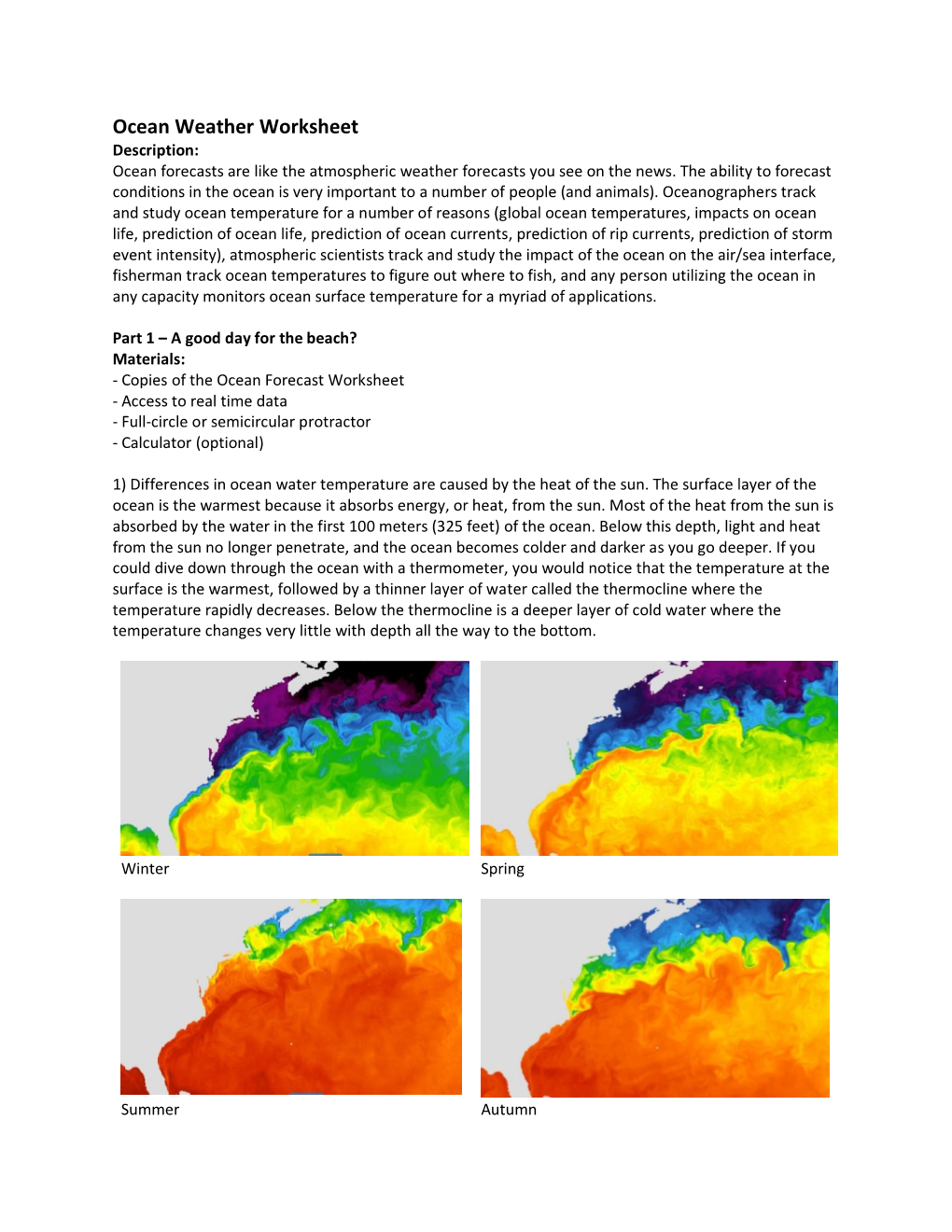 Ocean Weather Worksheet Description: Ocean Forecasts Are Like the Atmospheric Weather Forecasts You See on the News