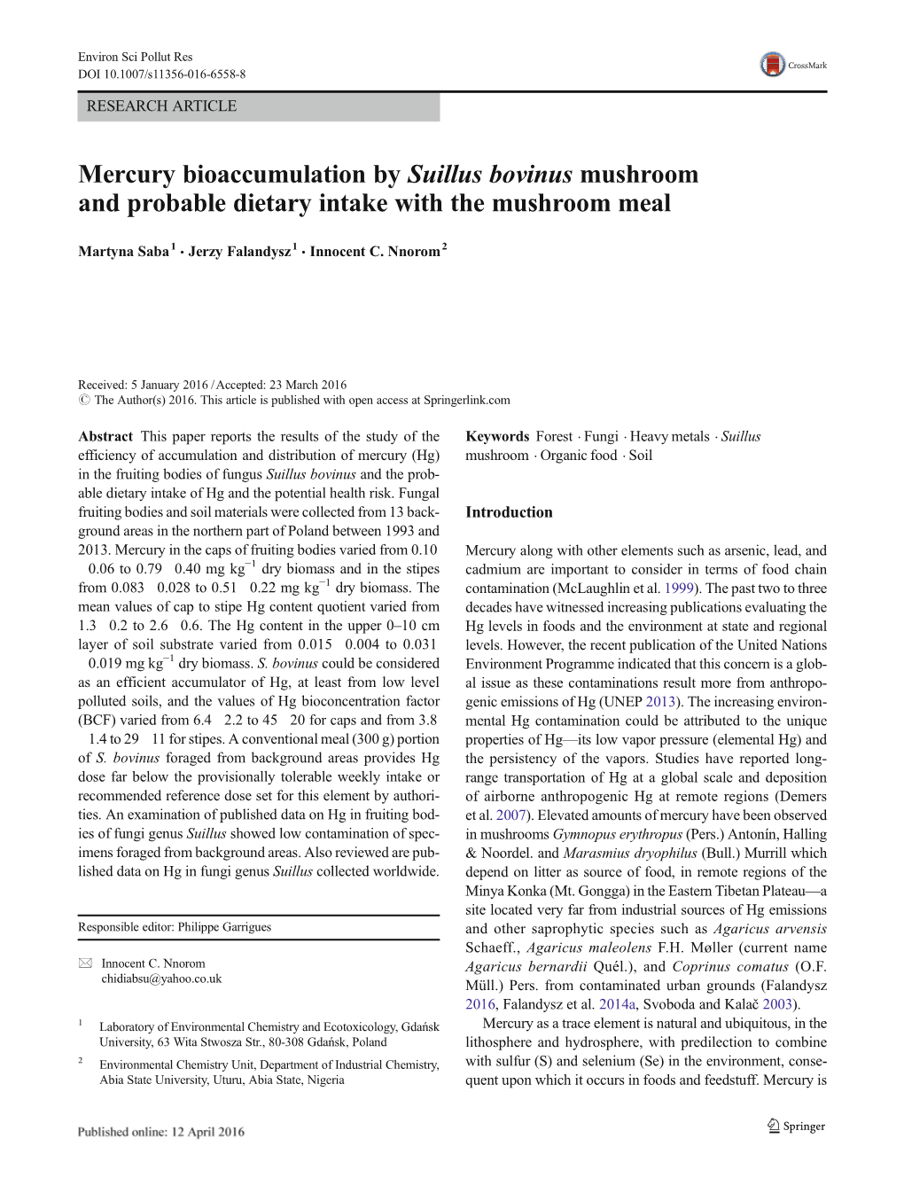 Mercury Bioaccumulation by Suillus Bovinus Mushroom and Probable Dietary Intake with the Mushroom Meal