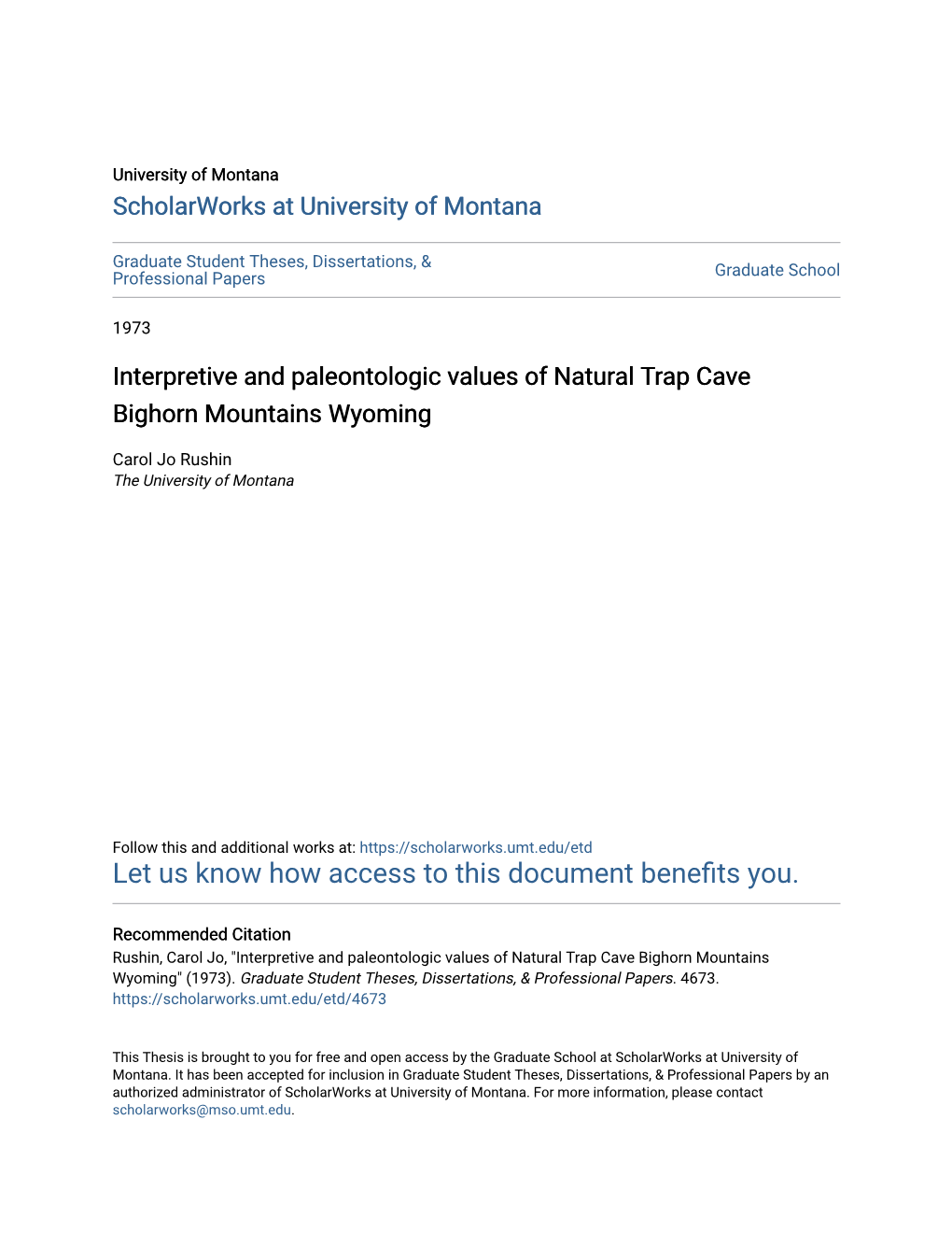 Interpretive and Paleontologic Values of Natural Trap Cave Bighorn Mountains Wyoming