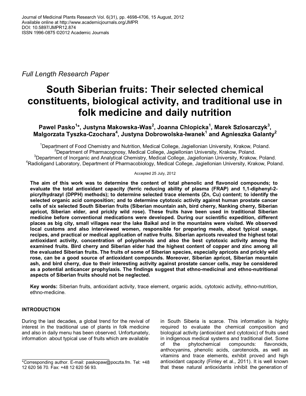 South Siberian Fruits: Their Selected Chemical Constituents, Biological Activity, and Traditional Use in Folk Medicine and Daily Nutrition