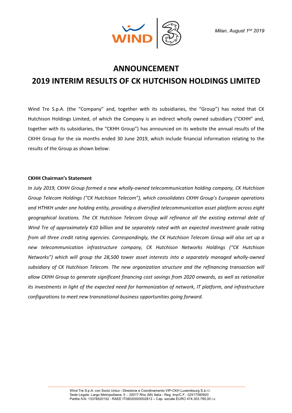 Announcement 2019 Interim Results of Ck Hutchison Holdings Limited