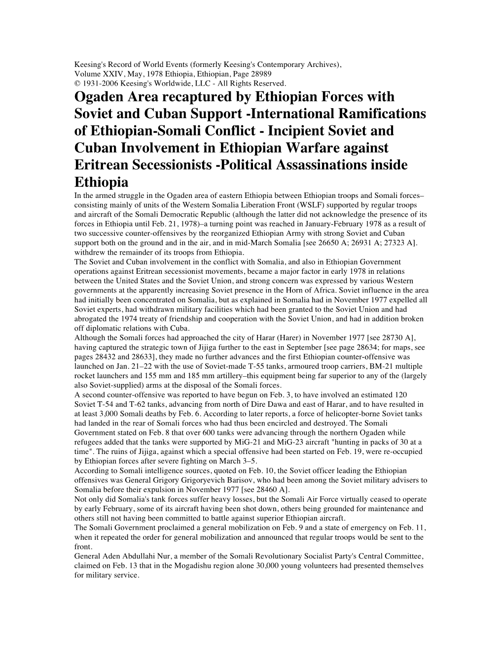 Ogaden Area Recaptured by Ethiopian Forces with Soviet and Cuban Support