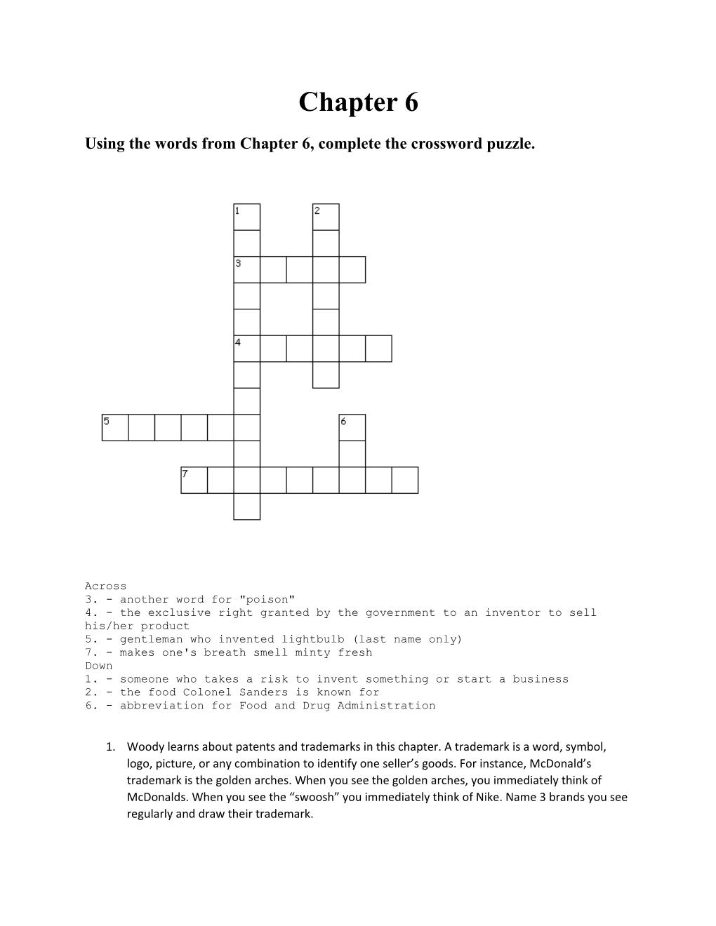 Using the Words from Chapter 6, Complete the Crossword Puzzle