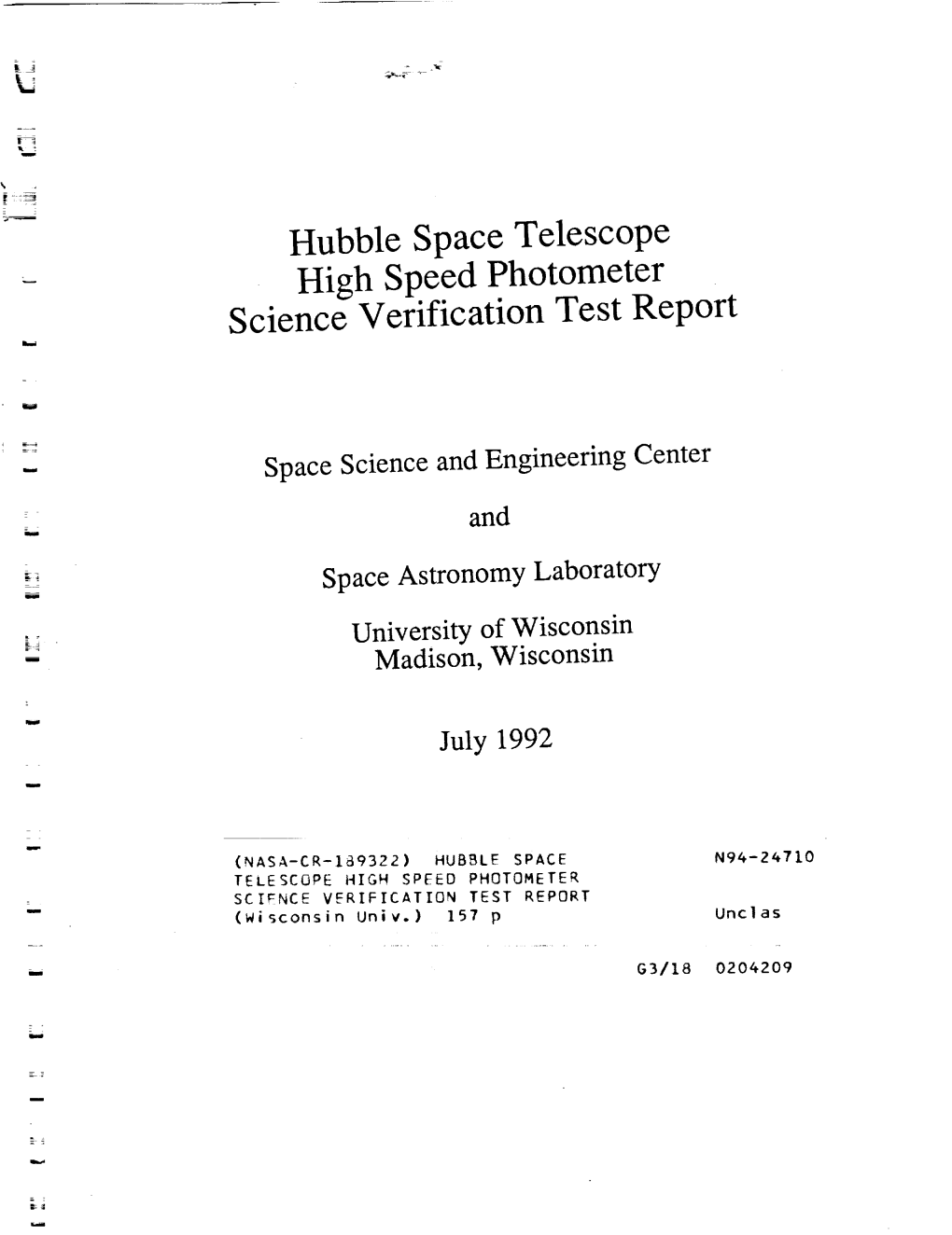 Hubble Space Telescope High Speed Photometer Science Verification Test Report