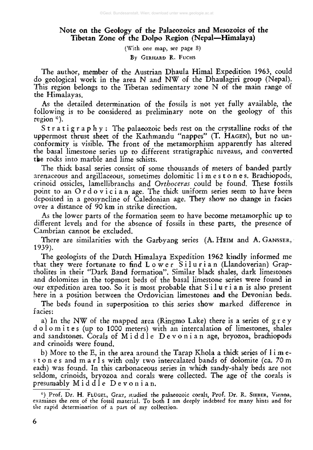 Note on the Geology of the Palaeozoics and Mesozoics of the Tibetan Zone of the Dolpo Region (Nepal—Himalaya) (With One Map, See Page 8) by GERHARD R