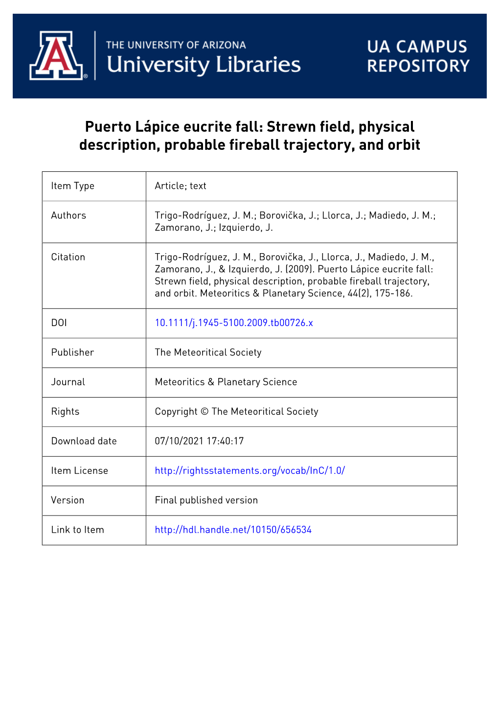 Strewn Field, Physical Description, Probable Fireball Trajectory, and Orbit