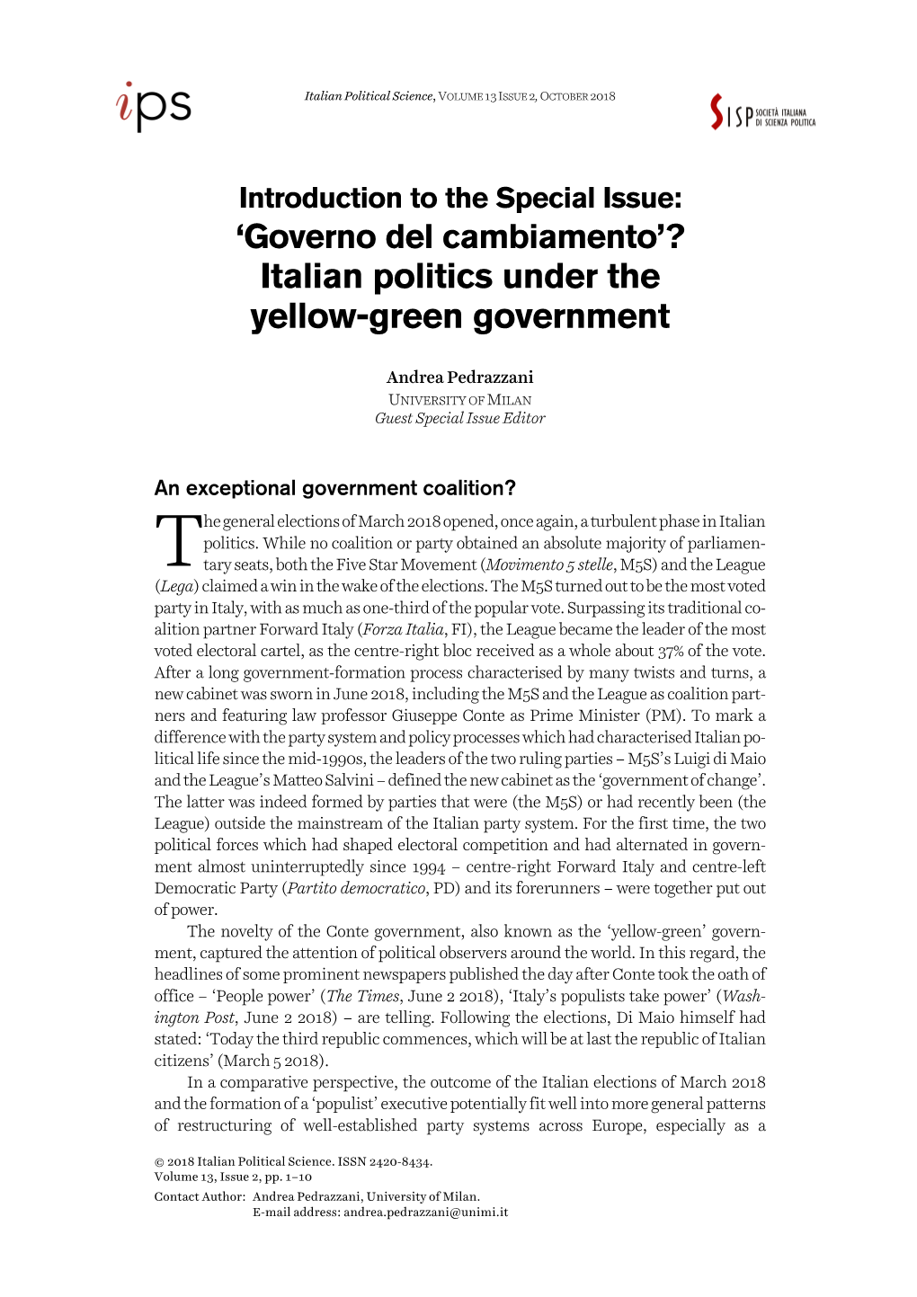 Italian Politics Under the Yellow-Green Government