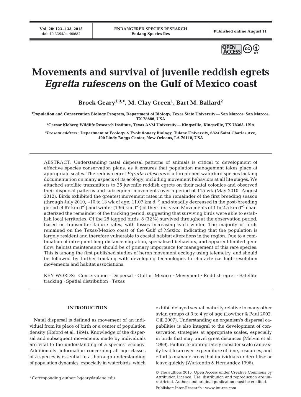 Movements and Survival of Juvenile Reddish Egrets Egretta Rufescens on the Gulf of Mexico Coast