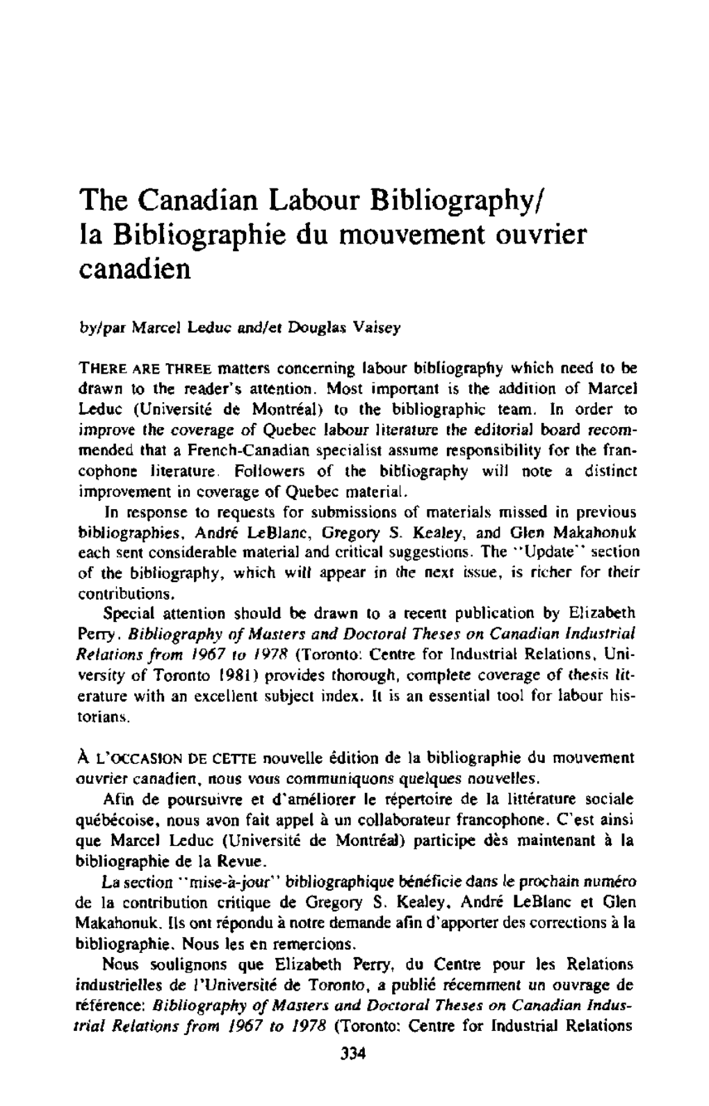 The Canadian Labour Bibliography/ La Bibliographic Du Mouvement Ouvrier Canadien