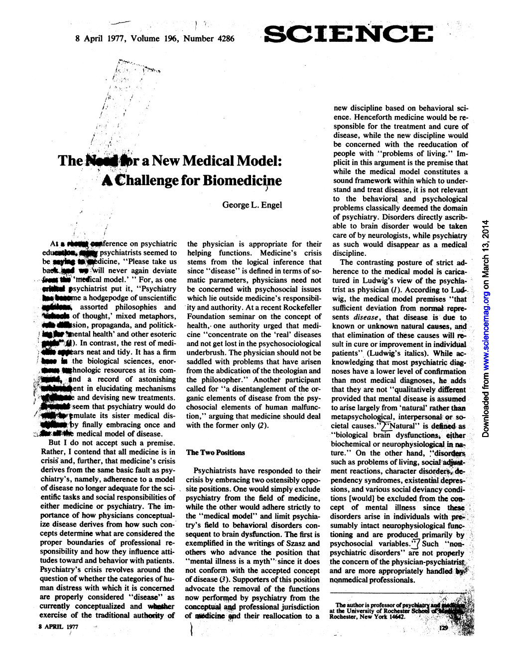 Engel GL. the Need for a New Medical Model